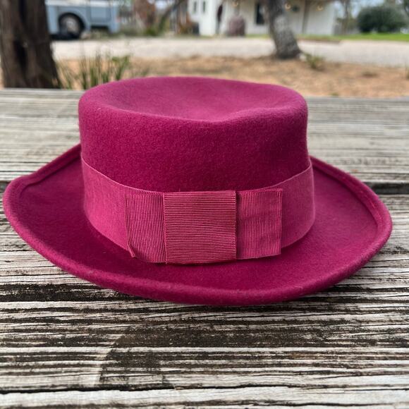 Vintage Nordstrom Magenta Wool Hat | Italy 90s Blossom Style Bow Boater Pork Pie - Picture 2 of 11